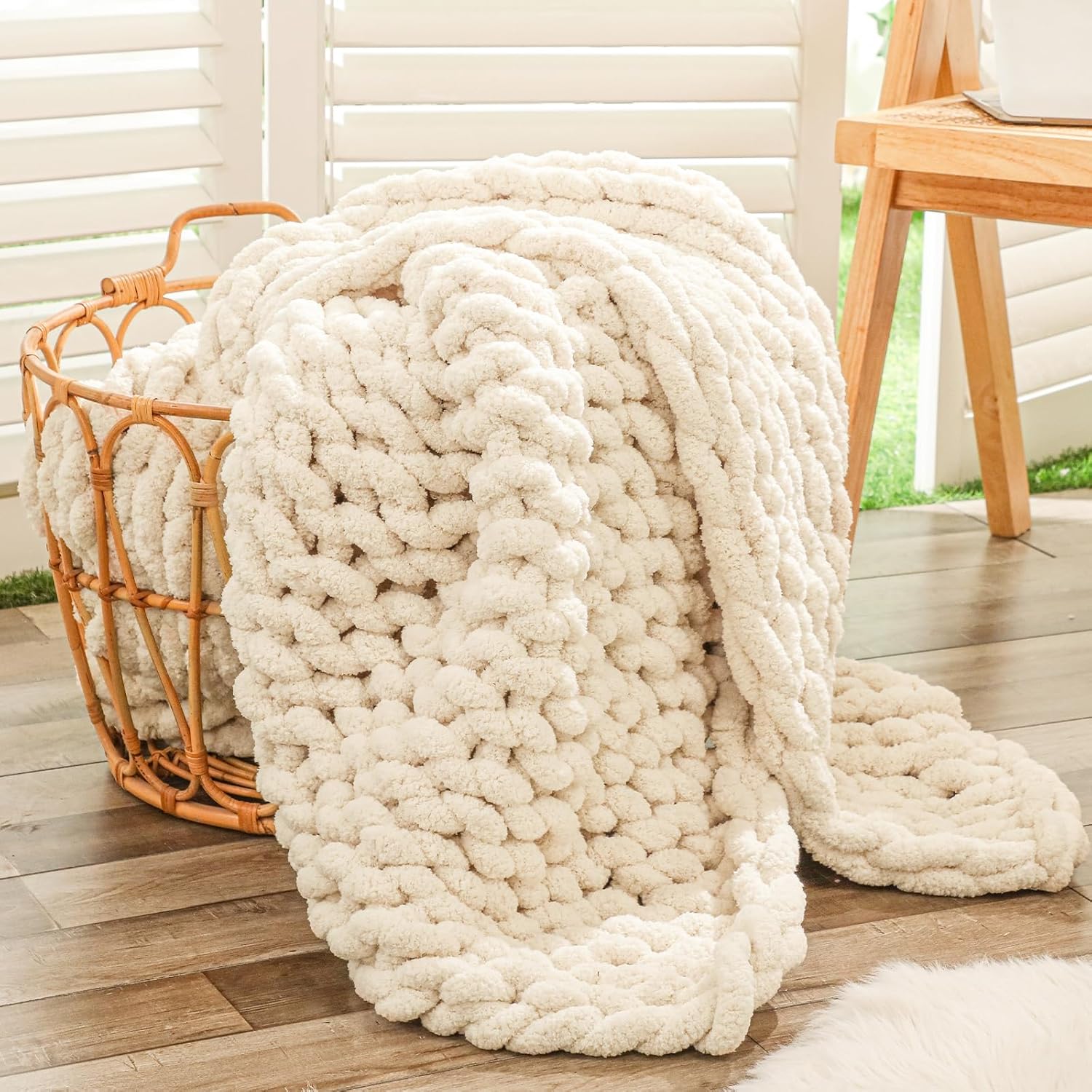 chunky knit throw blanket white cozy living room